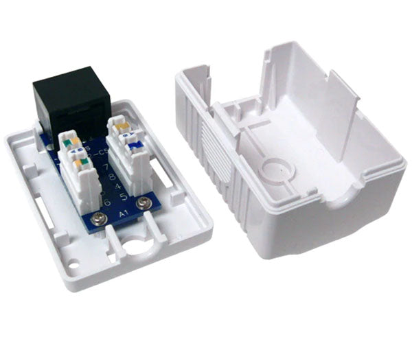 White surface mount box designed for CAT5E ethernet outlets