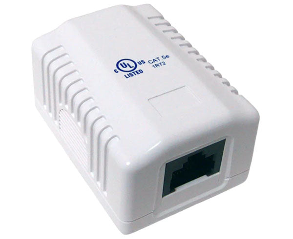 CAT5E ethernet adapter in white with a distinctive blue UL logo