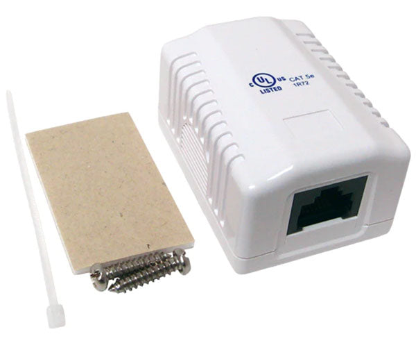 Wall-mounted CAT5E ethernet box in white with mounting screw