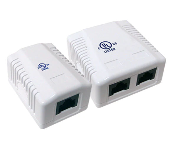 Pair of white CAT6 single port surface mount boxes with matching design