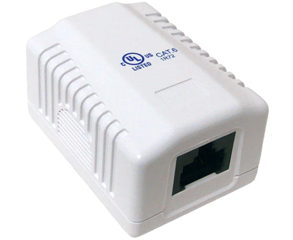 Single-port white CAT6 ethernet adapter with a blue UL logo