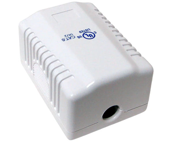 White CAT6 surface mount box featuring labeling for port configuration