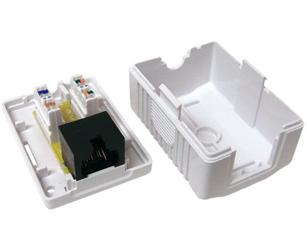 Single-port CAT6 surface mount box in white with cable entry points