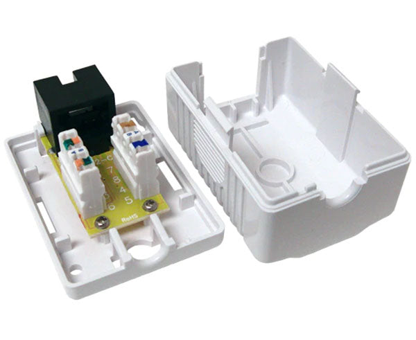 White surface mount box designed for CAT6 cable with one and two port options