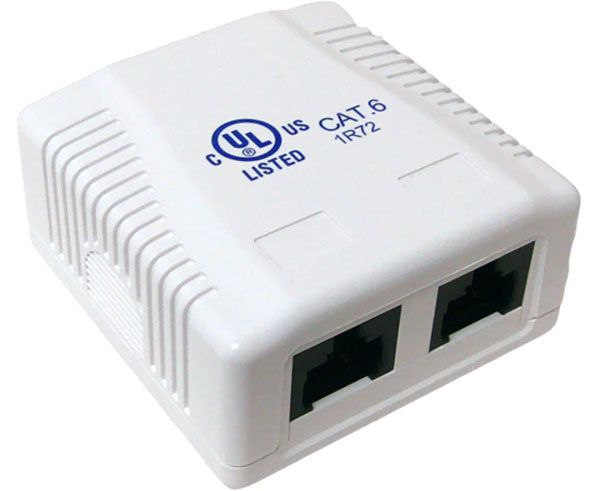 Two-port white CAT6 ethernet surface mount box