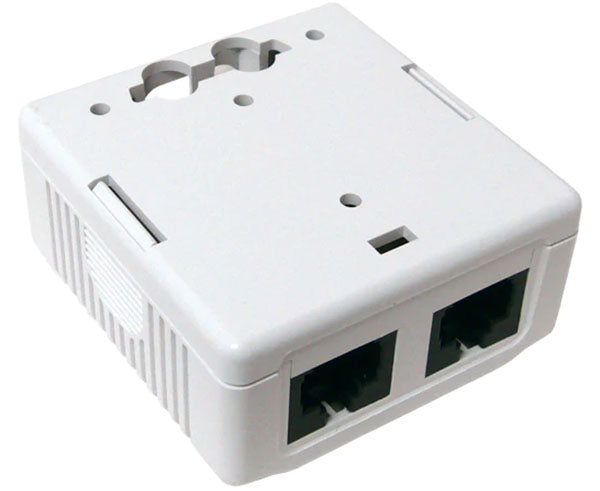 White surface mount box with dual CAT6 ethernet interface