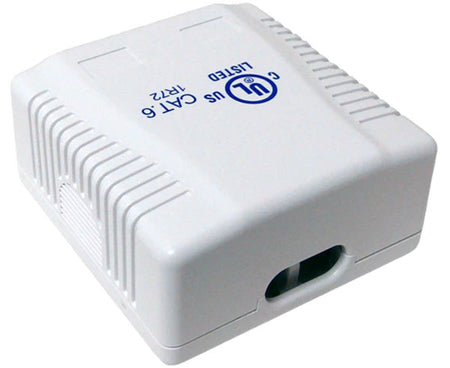 CAT6 surface mount box with UL logo on a white background