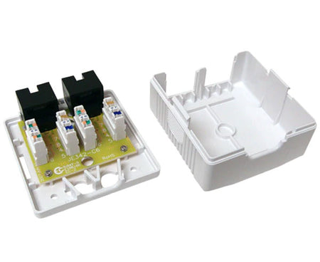 White surface mount box with ports for CAT6 and additional electrical components