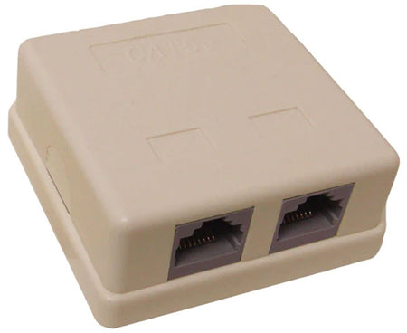 Almond-colored surface mount box with two CAT5E ethernet ports