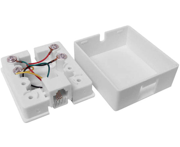 RJ11 surface mount box with dual wire exits and protective cover