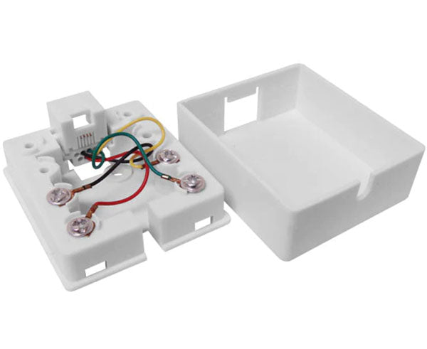 RJ11 white surface mount box with internal wiring visible