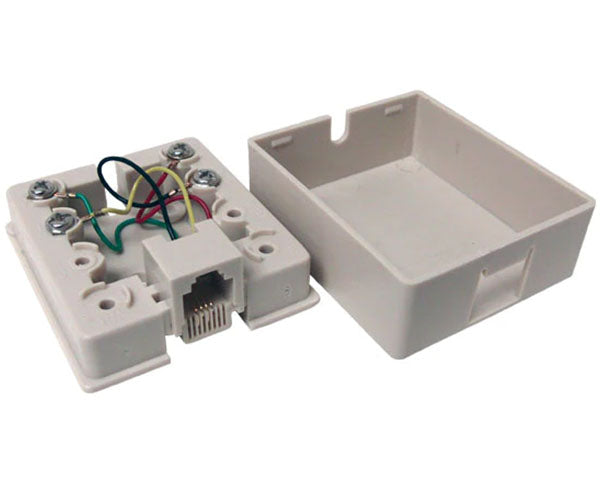 Pre-wired RJ11 surface mount box with visible wires and connector