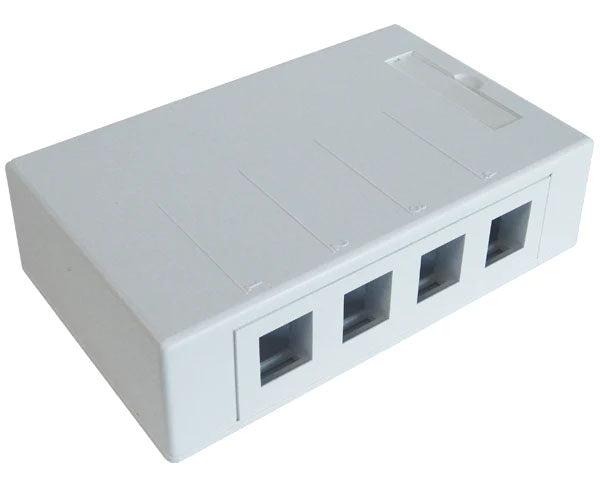 Angled view of the white keystone jack surface mount box highlighting the port arrangement