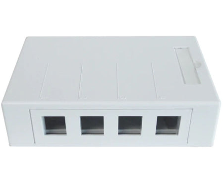 Side view of the white surface mount box showing the four keystone jack ports