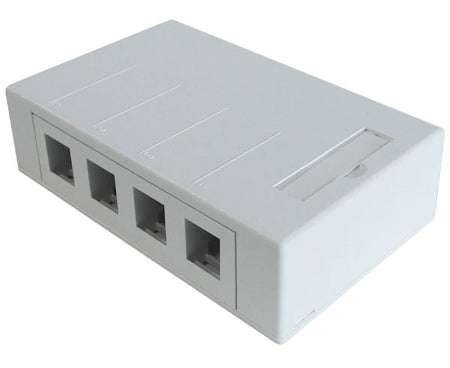 White surface mount box designed to fit standard keystone jacks with four openings