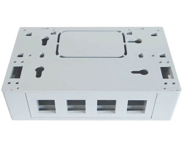 Bottom view of the white surface mount box for keystone jacks with ports and mounting holes