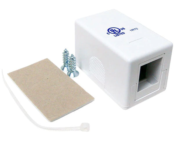 A white surface mount box designed for blank port customization with included hardware
