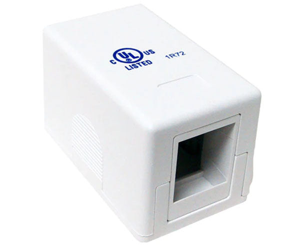 Front view of a white blank surface mount box featuring UL logo logo