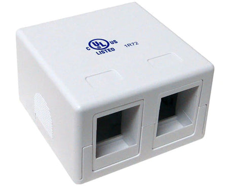 White surface mount box with options for one or two ports, suitable for network installations