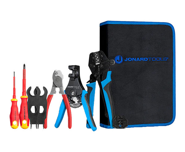 Solar panel crimping tool kit with MC3 and MC4 connectors and screwdrivers