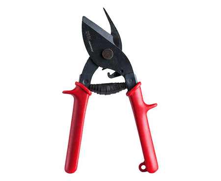 Red-handled tabbing shears with black accents designed for cutting