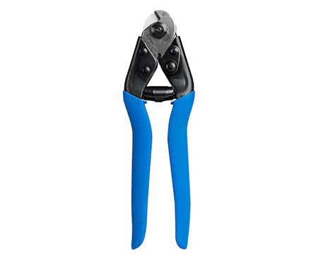 Handheld wire rope and cable cutter with blue and black handles