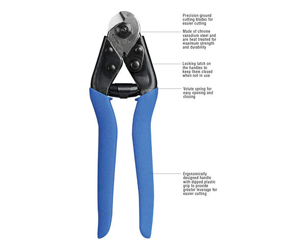 Handheld wire rope cutter with blue handles