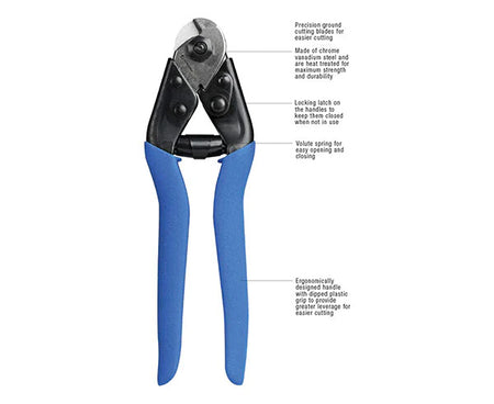 Handheld wire rope cutter with blue handles