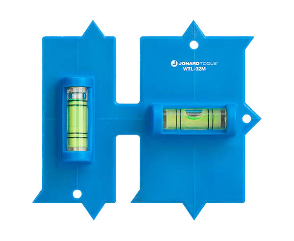 The Wall Box Template's blue leveling device with color-coded components for easy identification