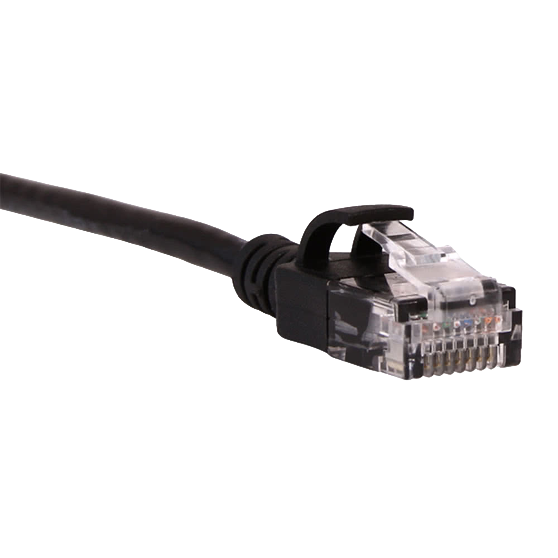 Black Cat6 slim Ethernet cable with clear connector on a white background