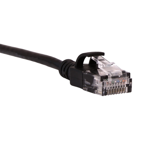 Black Cat6 slim Ethernet cable with clear connector on a white background