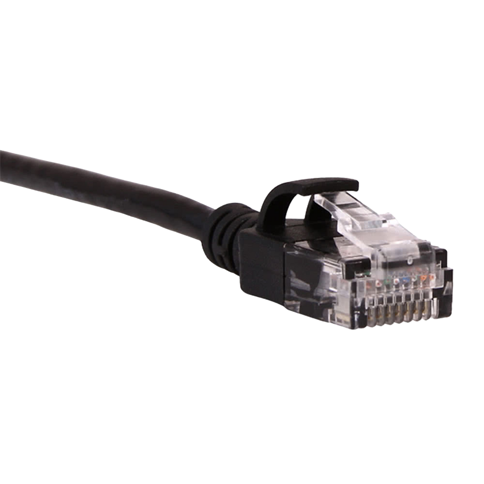 Black Cat6a slim Ethernet cable with clear connector on a white background