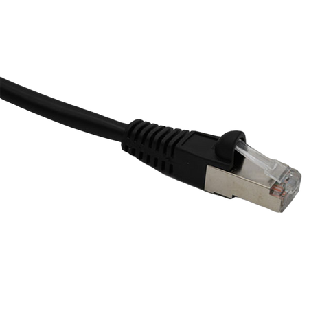 Black Cat6 shielded Ethernet cable on a white background