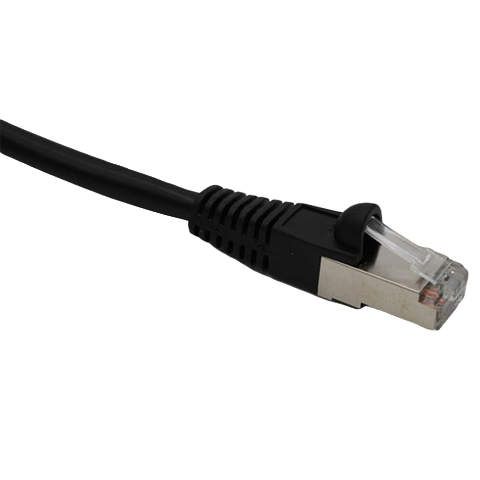 Black Cat6 shielded Ethernet cable on a white background