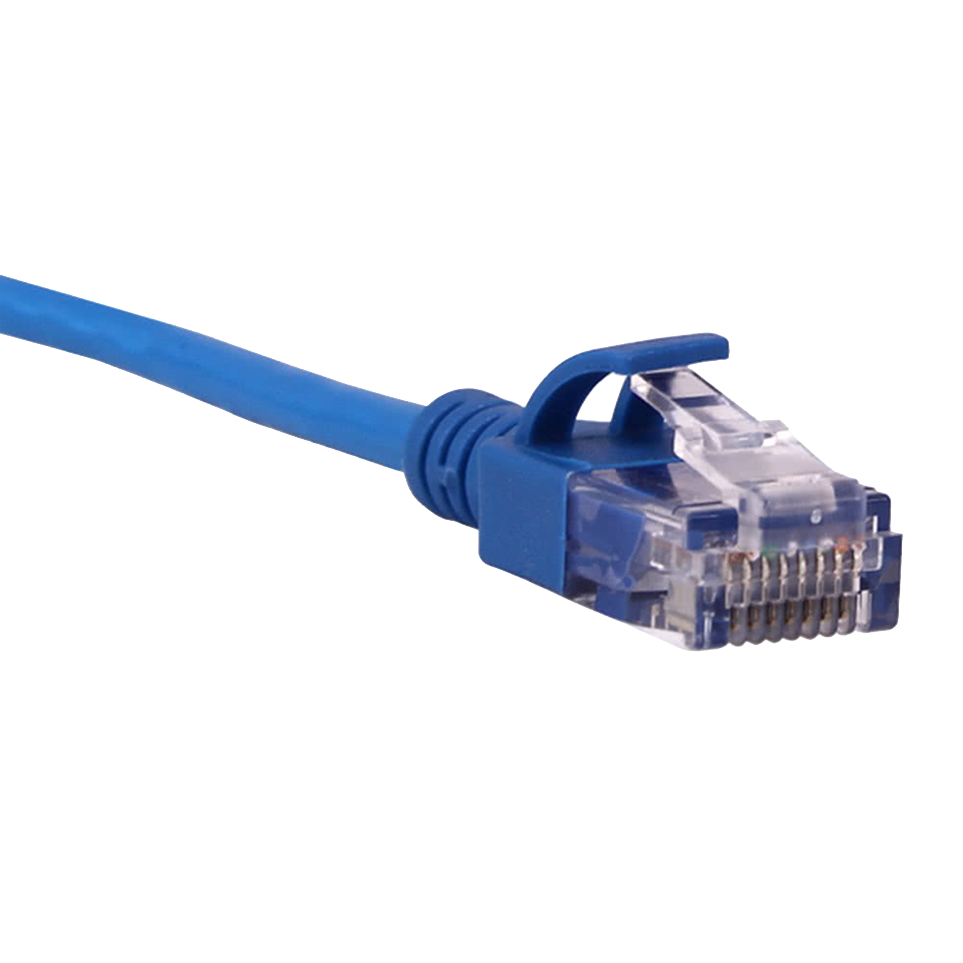 Blue Cat6 slim Ethernet cable with clear connector on a white background