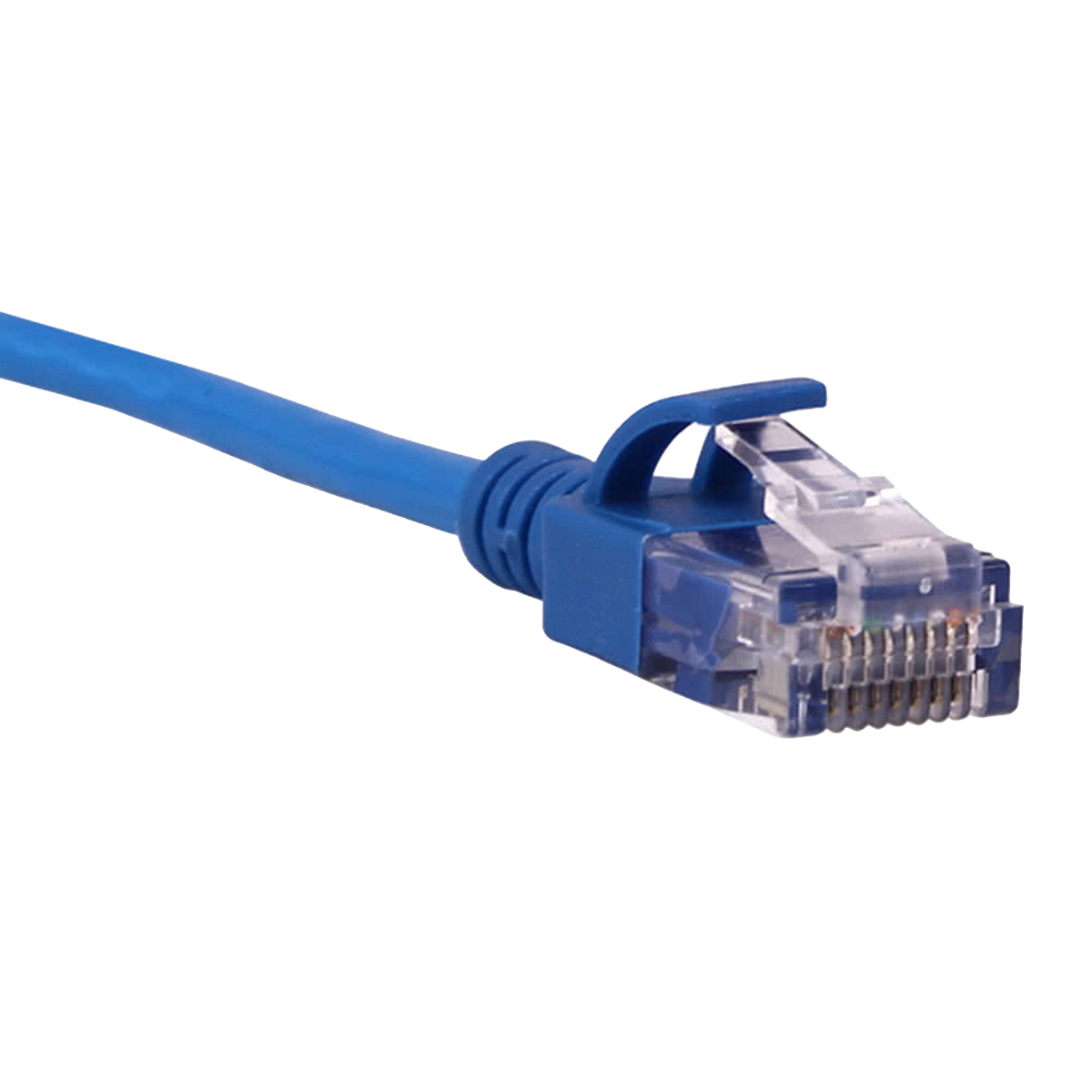 Blue Cat6a slim Ethernet cable with clear connector on a white background
