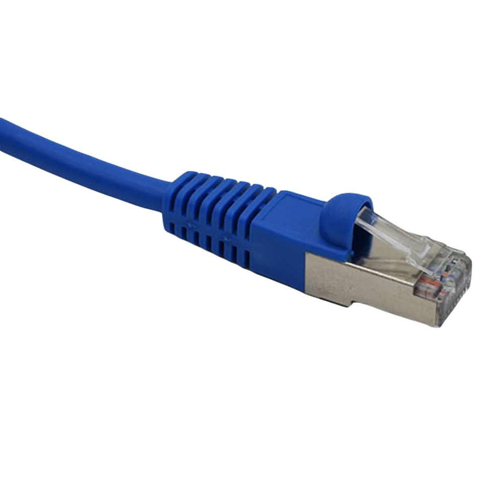 Blue Cat6 double-shileded Ethernet cable with clear connector on a white background