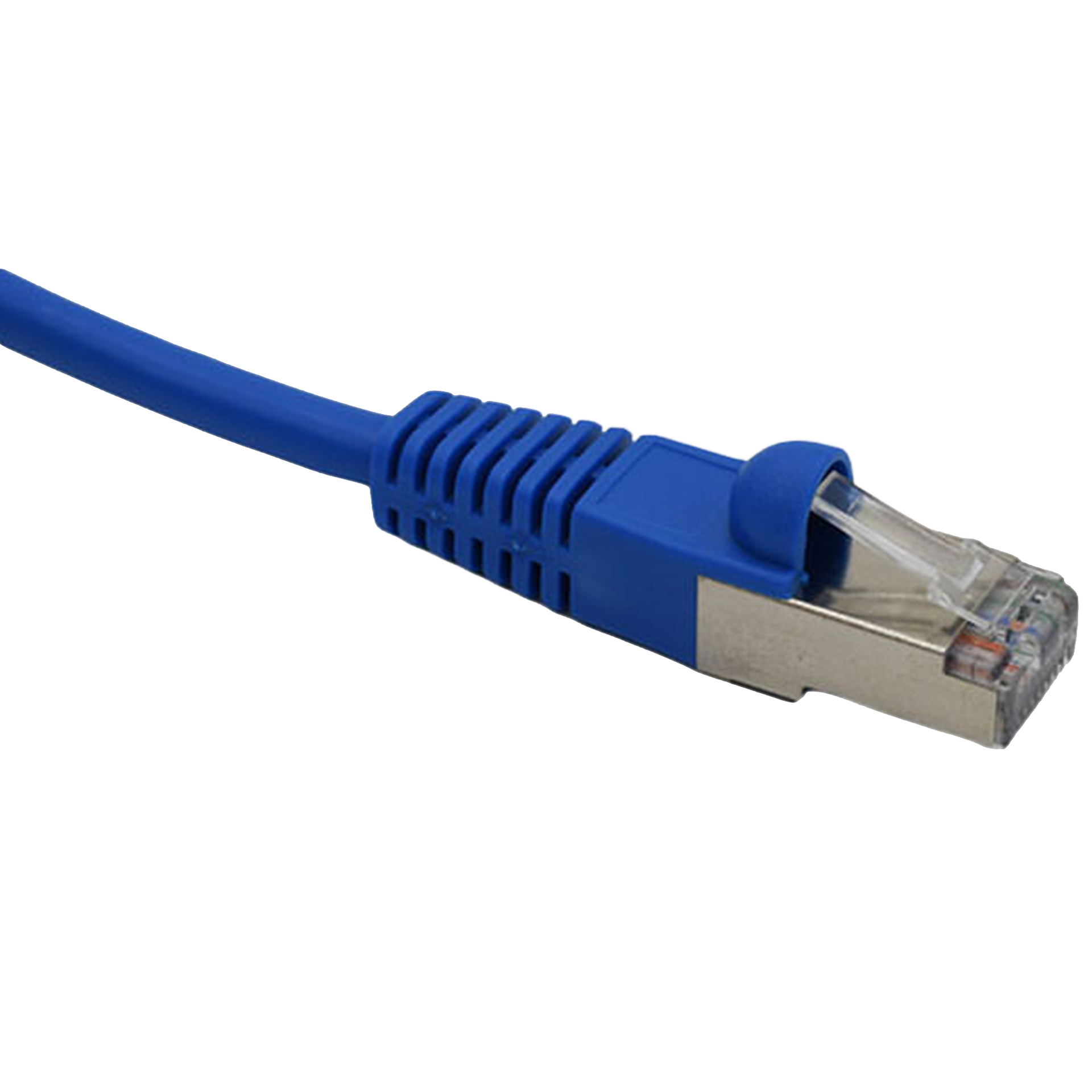 Blue Cat5e Shielded Ethernet cable with clear connector on a white background