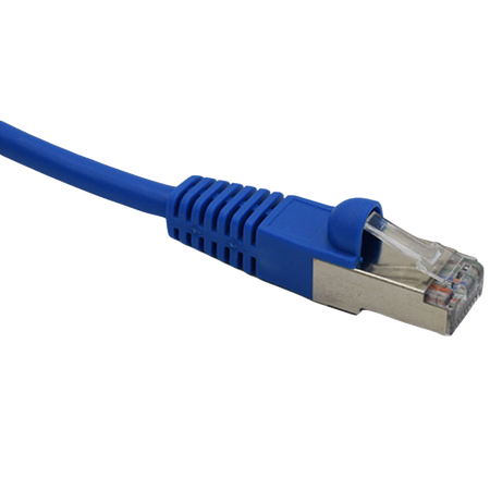 Blue Cat5e shielded Ethernet cable with clear connector on a white background