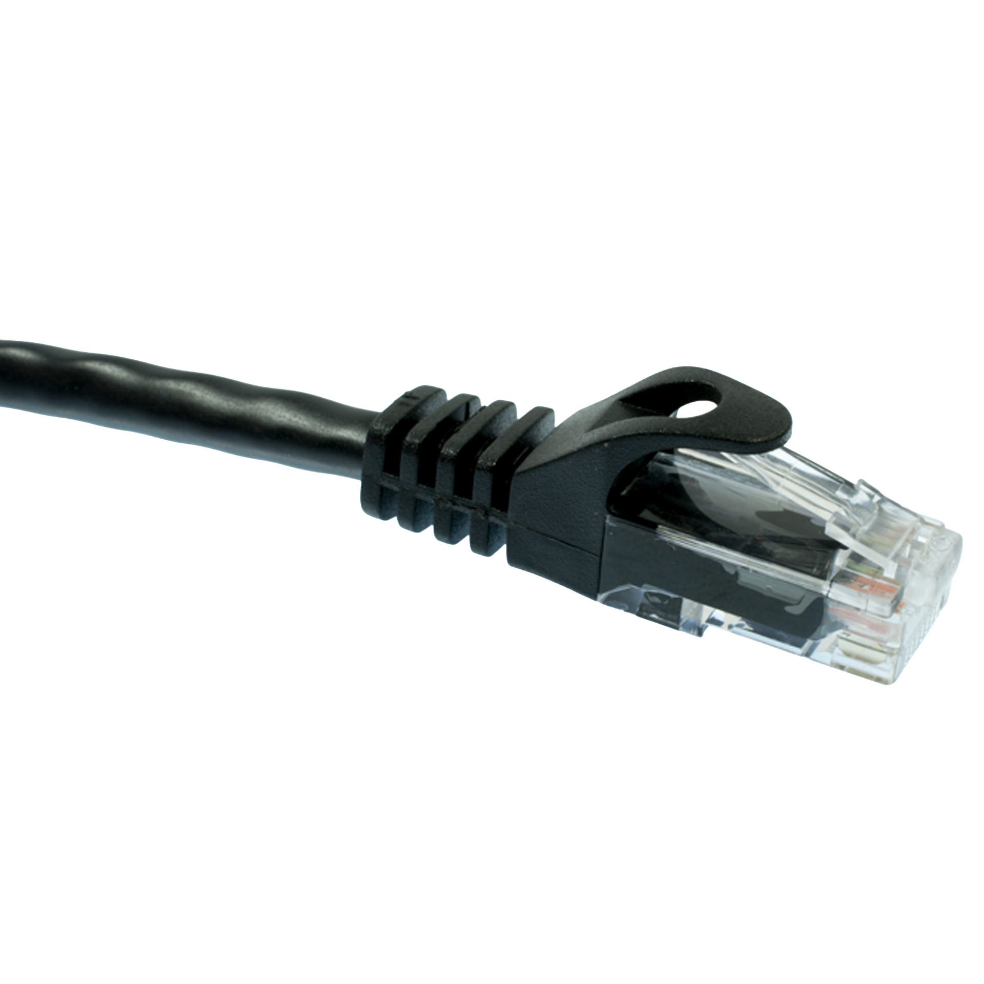 Black Cat5e Ethernet cable with clear connector on a white background