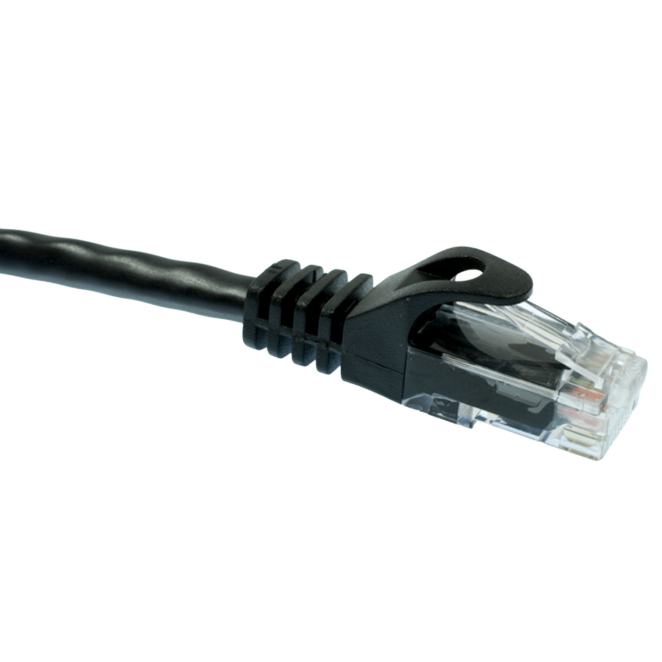 Black Cat5e Ethernet cable with clear connector on a white background