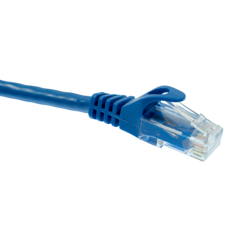 Blue Cat5e Ethernet cable with clear connector on a white background