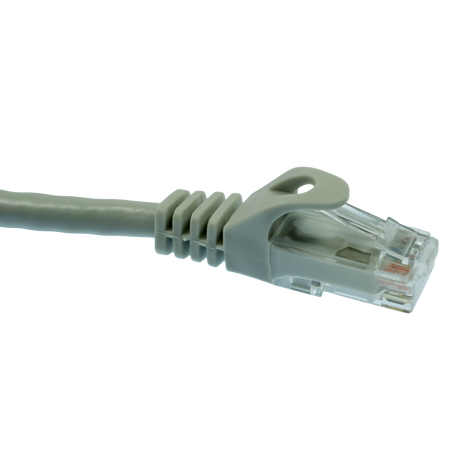 Gray Cat5e Ethernet cable on a white background