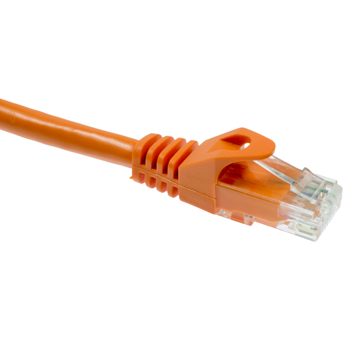 Orange Cat5e Ethernet cable with clear connector on a white background