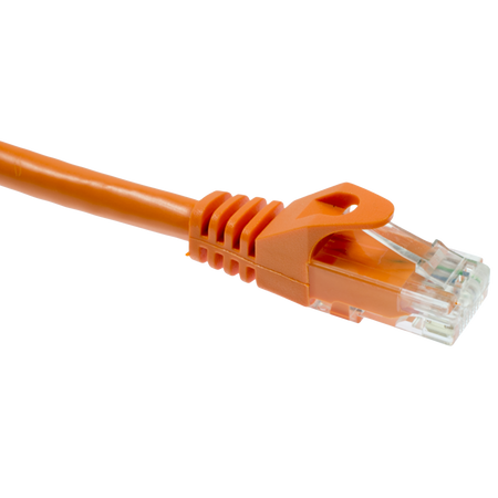 Orange Cat5e Ethernet cable with clear connector on a white background