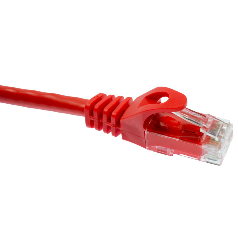 Red Cat5e Ethernet cable with clear connector on a white background