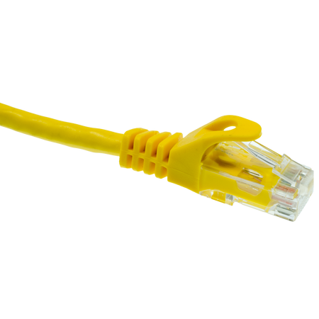 Yellow Cat5e Ethernet cable on a white background