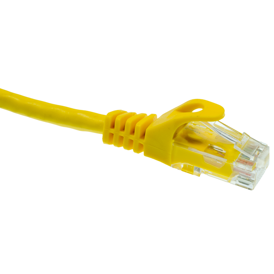 Yellow Cat5e Ethernet cable on a white background