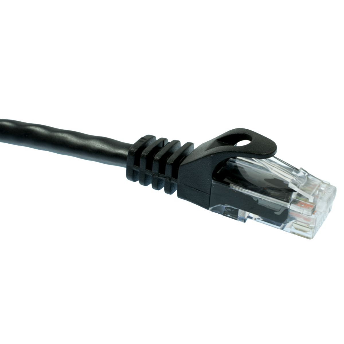 Cat6 Black Ethernet cable with clear connector on a white background