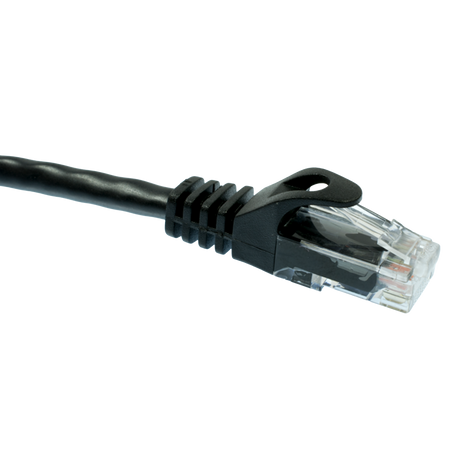 Cat6 Black Ethernet cable with clear connector on a white background